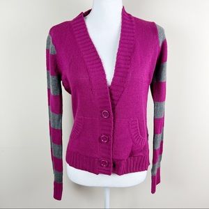 🔥5/$20 Ashley by 26 International Button Down Sweater, Large, Fuchsia/M.H.Grey